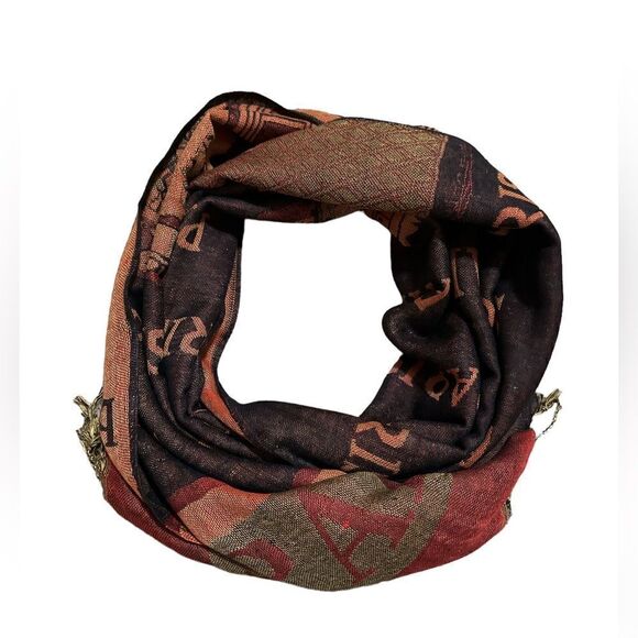 Parisian Eiffel Tower Brown and Orange Fringe Scarf Headwrap - Picture 3 of 4